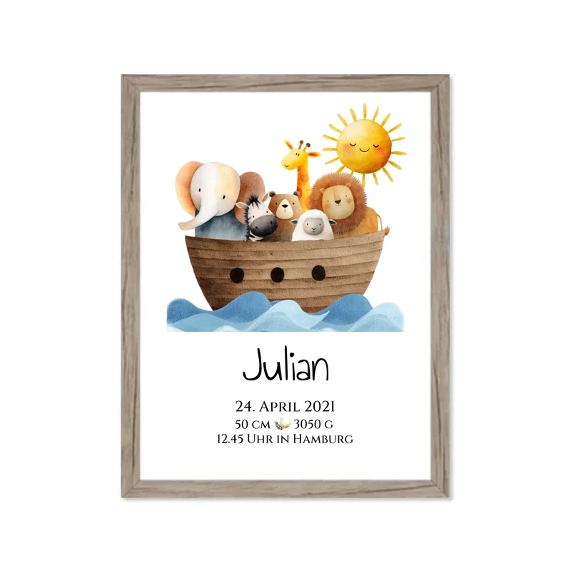 Personalisiertes Geschenk zur Geburt & Taufe mit Arche Noah Geburtdaten / Taufdaten