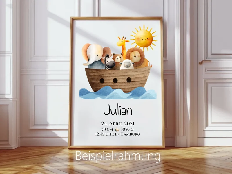 Personalisiertes Geschenk zur Geburt & Taufe mit Arche Noah Geburtdaten / Taufdaten