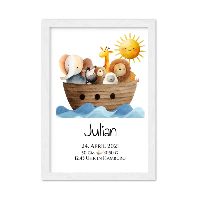 Personalisiertes Geschenk zur Geburt & Taufe mit Arche Noah Geburtdaten / Taufdaten