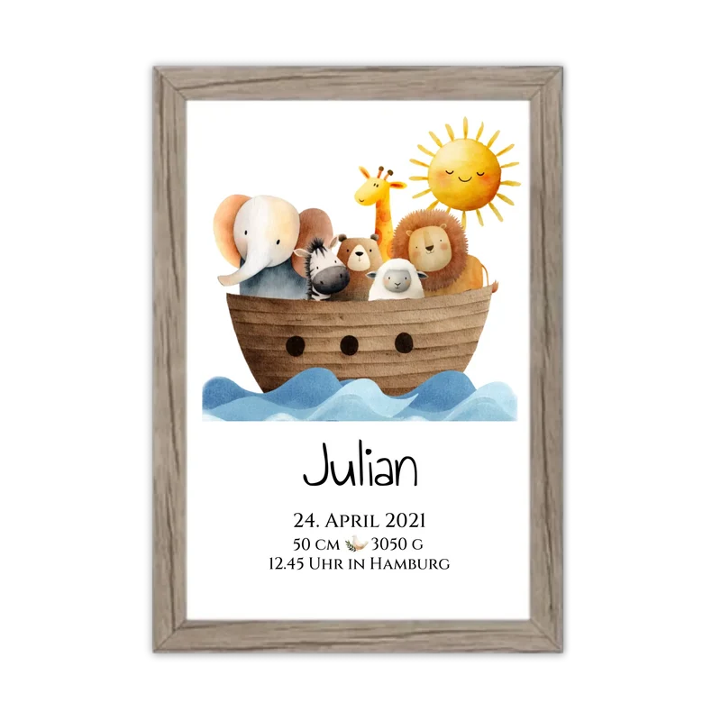 Personalisiertes Geschenk zur Geburt & Taufe mit Arche Noah Geburtdaten / Taufdaten