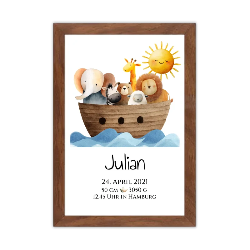 Personalisiertes Geschenk zur Geburt & Taufe mit Arche Noah Geburtdaten / Taufdaten