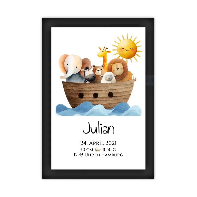 Personalisiertes Geschenk zur Geburt & Taufe mit Arche Noah Geburtdaten / Taufdaten