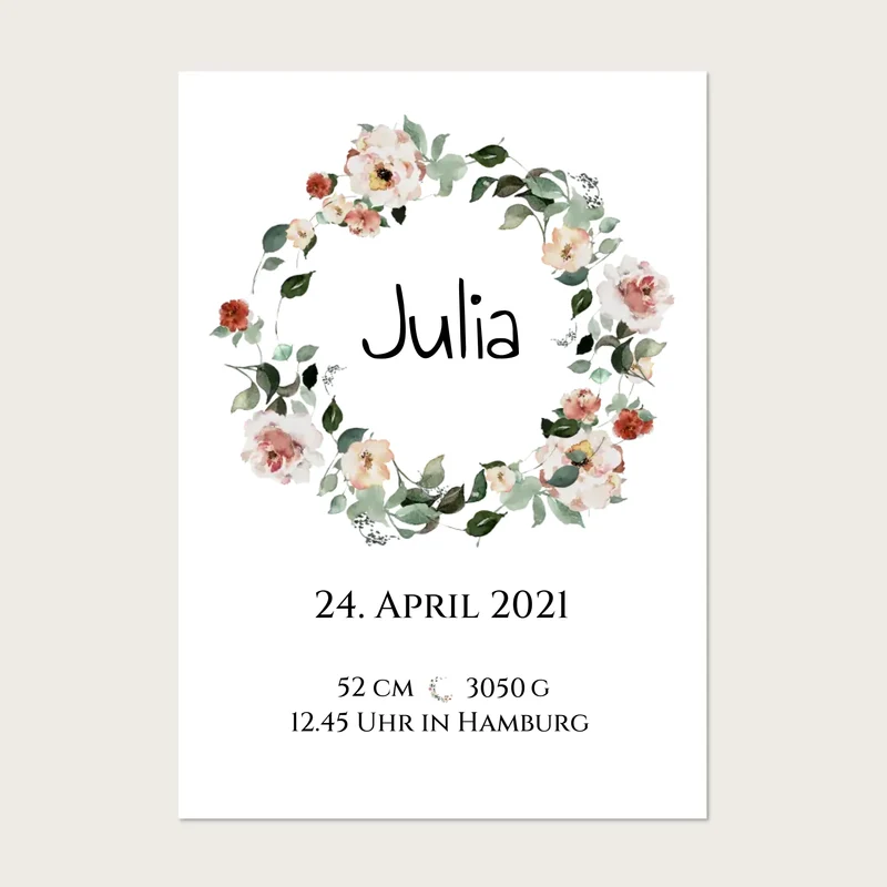 Personalisiertes Poster Geschenk zur Geburt und Taufe | Geburtsanzeige Blumenkranz
