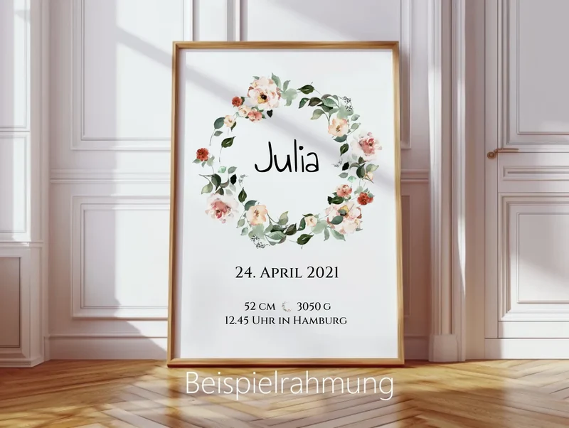 Personalisiertes Poster Geschenk zur Geburt und Taufe | Geburtsanzeige Blumenkranz
