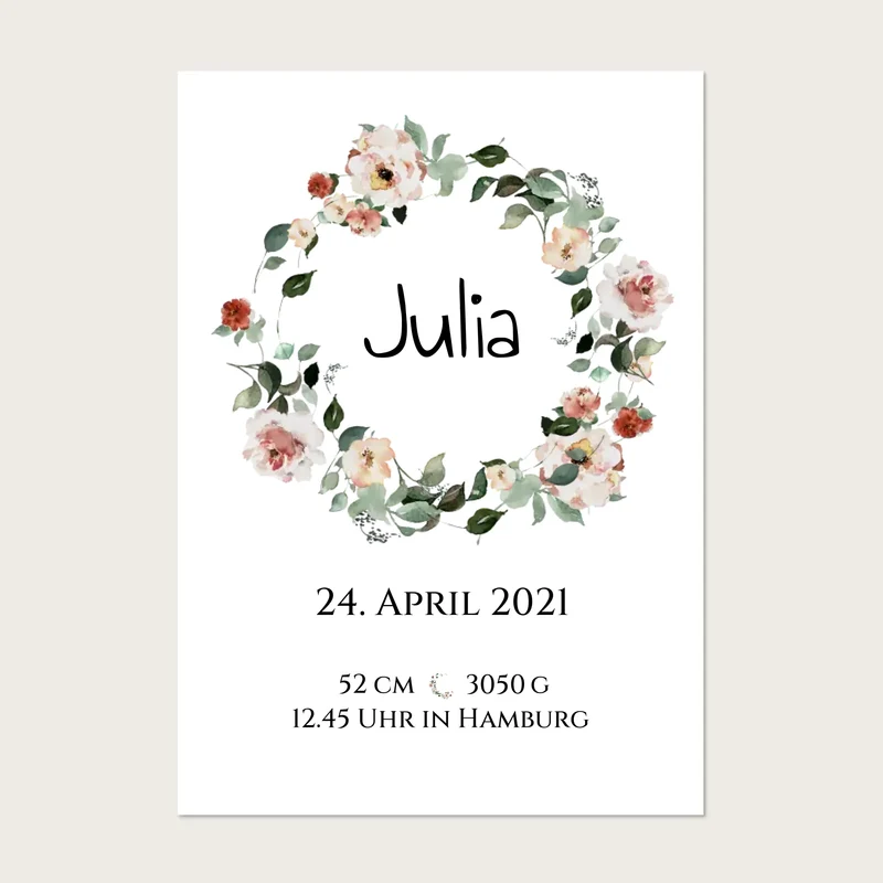 Personalisiertes Poster Geschenk zur Geburt und Taufe | Geburtsanzeige Blumenkranz