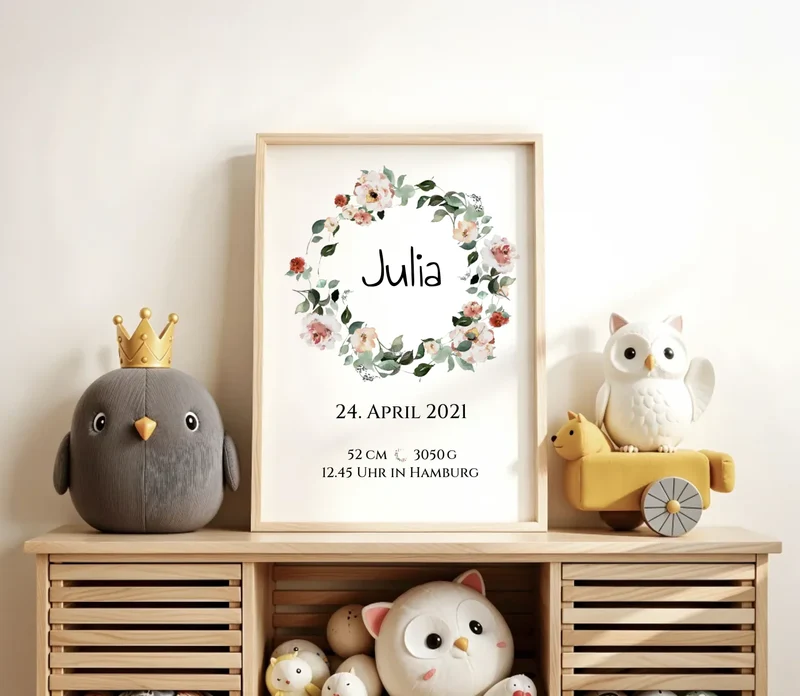 Personalisiertes Poster Geschenk zur Geburt und Taufe | Geburtsanzeige Blumenkranz