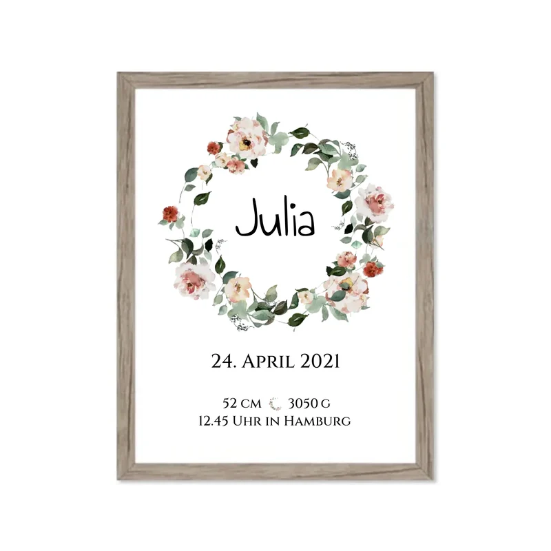 Personalisiertes Poster Geschenk zur Geburt und Taufe | Geburtsanzeige Blumenkranz