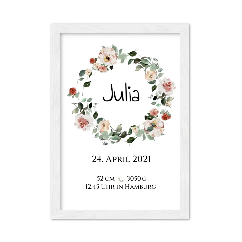 Personalisiertes Poster Geschenk zur Geburt und Taufe | Geburtsanzeige Blumenkranz