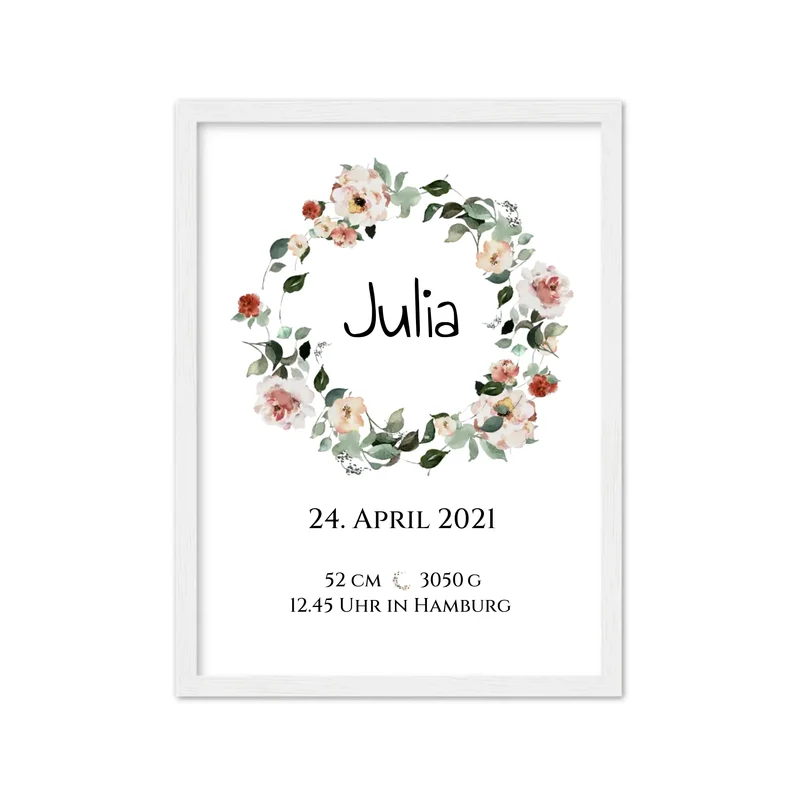 Personalisiertes Poster Geschenk zur Geburt und Taufe | Geburtsanzeige Blumenkranz