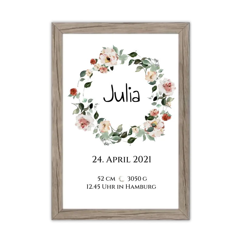 Personalisiertes Poster Geschenk zur Geburt und Taufe | Geburtsanzeige Blumenkranz