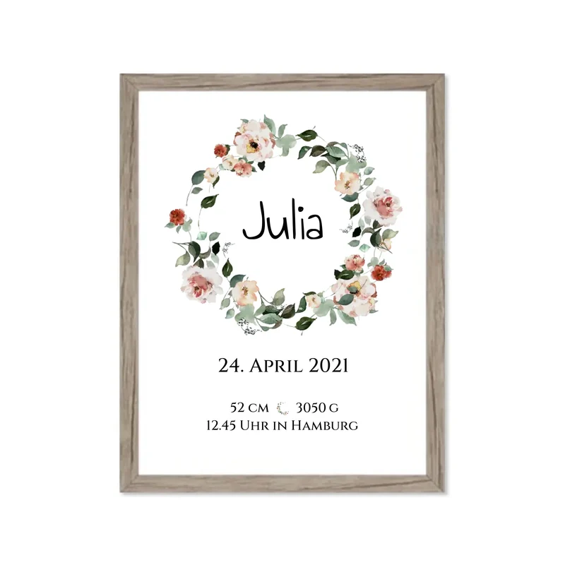 Personalisiertes Poster Geschenk zur Geburt und Taufe | Geburtsanzeige Blumenkranz