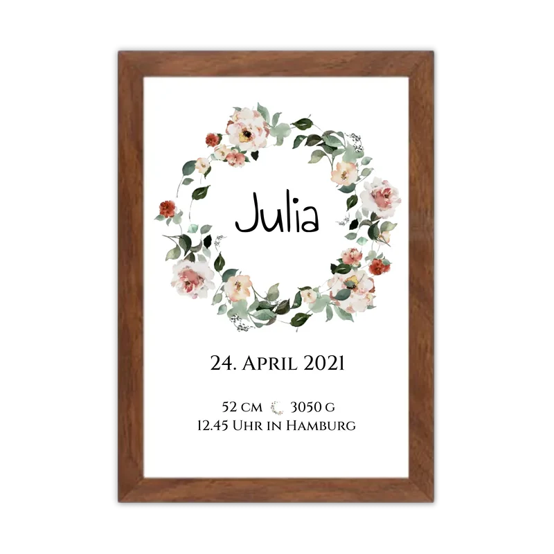 Personalisiertes Poster Geschenk zur Geburt und Taufe | Geburtsanzeige Blumenkranz