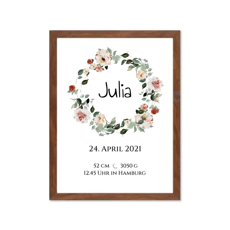 Personalisiertes Poster Geschenk zur Geburt und Taufe | Geburtsanzeige Blumenkranz
