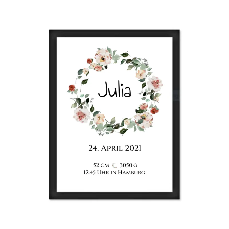 Personalisiertes Poster Geschenk zur Geburt und Taufe | Geburtsanzeige Blumenkranz