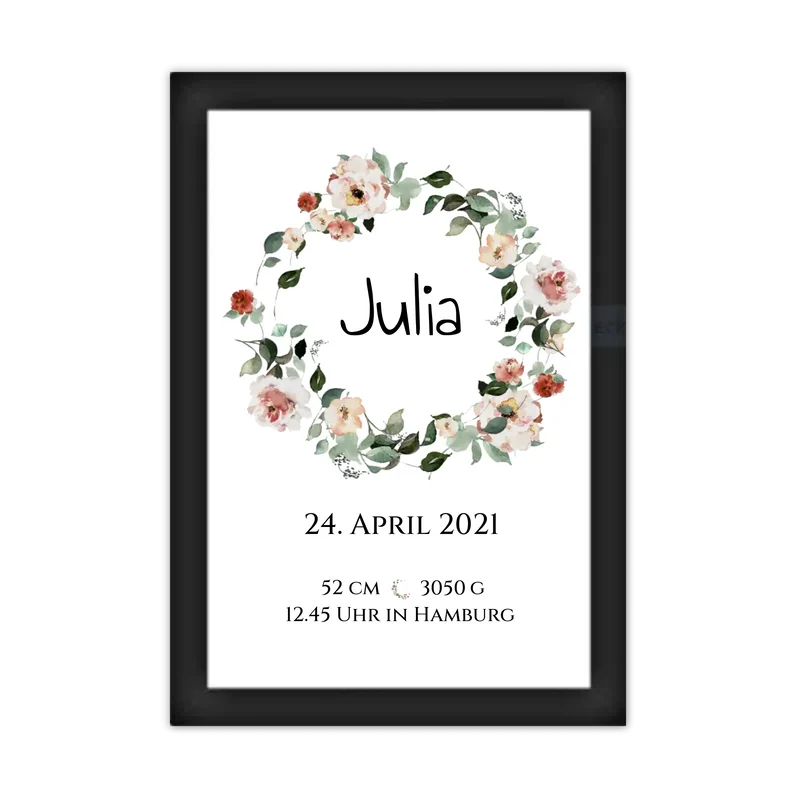 Personalisiertes Poster Geschenk zur Geburt und Taufe | Geburtsanzeige Blumenkranz