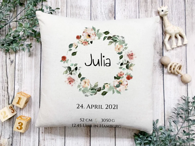 Personalisiertes Poster Geschenk zur Geburt und Taufe | Geburtsanzeige Blumenkranz