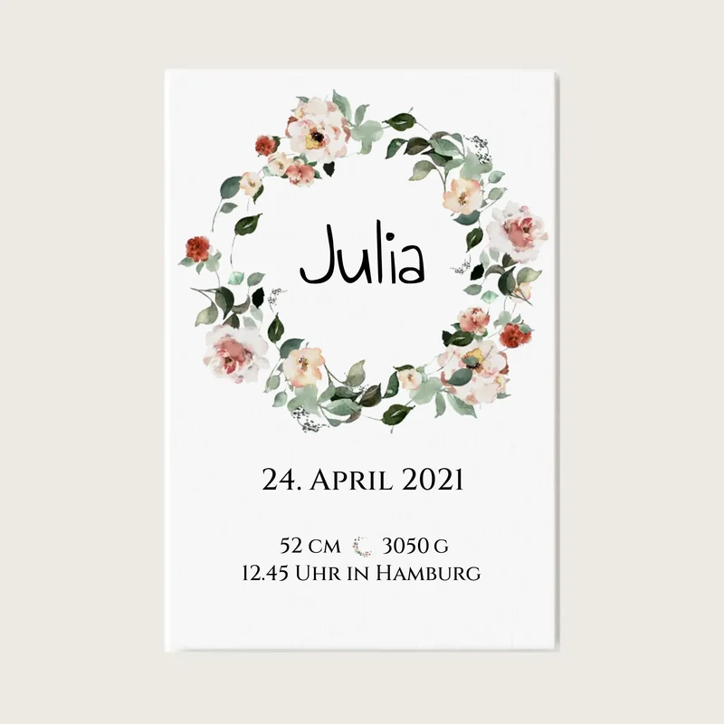 Personalisiertes Poster Geschenk zur Geburt und Taufe | Geburtsanzeige Blumenkranz
