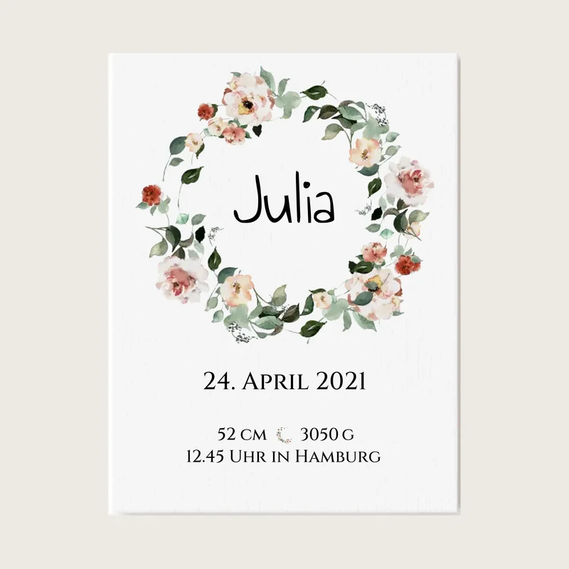 Personalisiertes Poster Geschenk zur Geburt und Taufe | Geburtsanzeige Blumenkranz