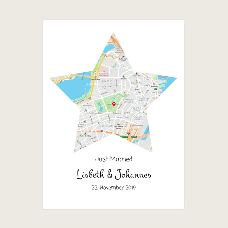 "Just Married" Hochzeitsgeschenk personalisiert | Koordinaten Poster Stern im Stadtkarte Design