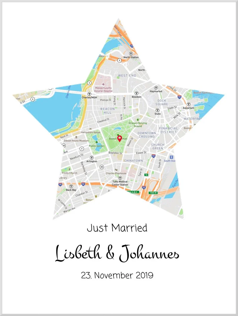 "Just Married" Hochzeitsgeschenk personalisiert | Koordinaten Poster Stern im Stadtkarte Design
