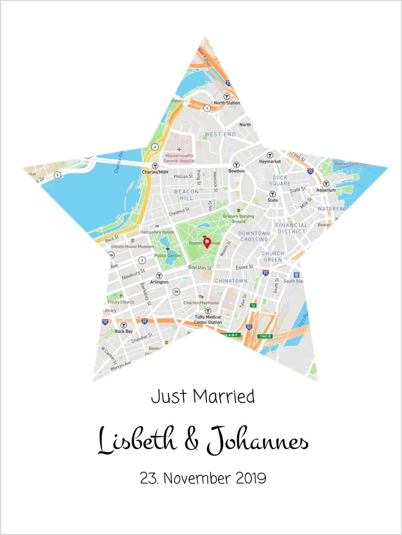 "Just Married" Hochzeitsgeschenk personalisiert | Koordinaten Poster Stern im Stadtkarte Design