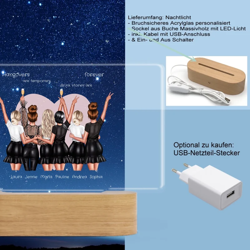 Personalisiertes LED Deko Licht ''6 Freundinnen'' Geschenk Geburtstag - Freundschaftsgeschenk - Weihnachtsgeschenk