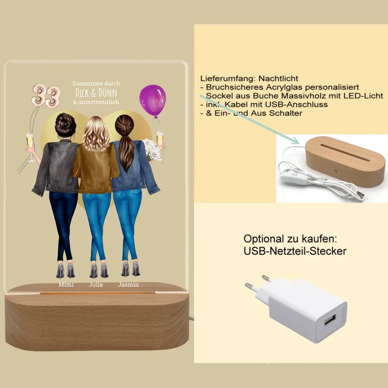 Personalisiertes LED-Deko Licht aus Acrylglas "3 Freundinnen" Geschenkidee 2