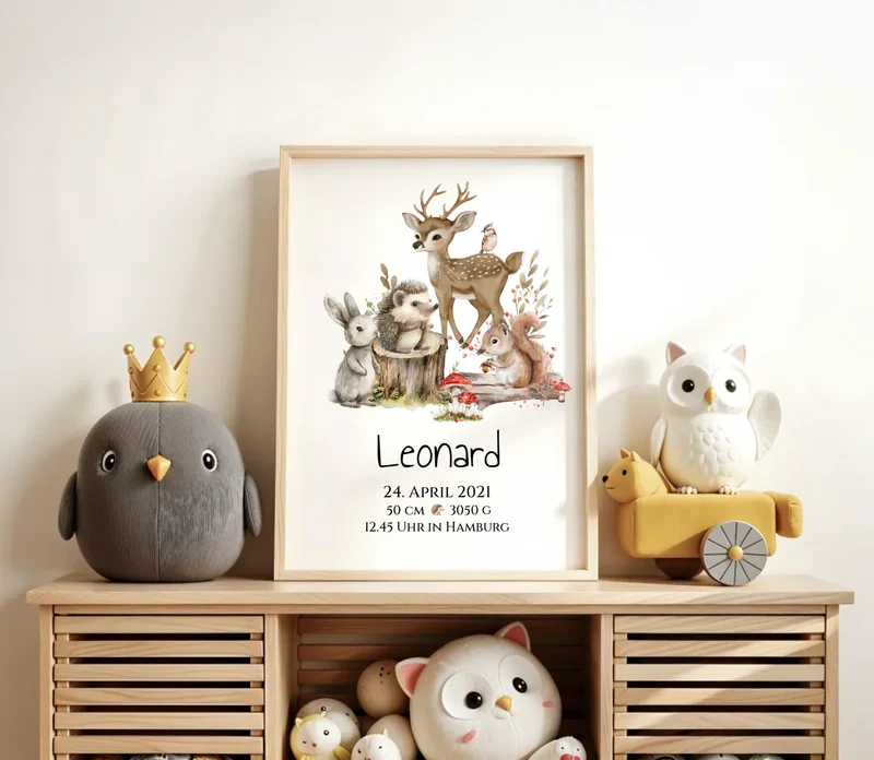 Personalisiertes Kinder Kissen Geschenk zur Geburt und Taufe | Waldtiere Kissen & Kinderdecke