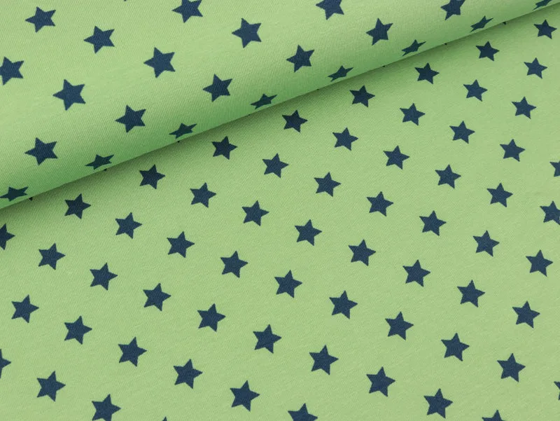 Reststück 30cm - Baumwolljersey Sterne lapis blue auf Greenery