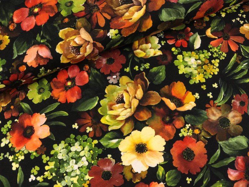 Reststück 31cm - Baumwolljersey Flower Art Bunte Blumen auf Schwarz