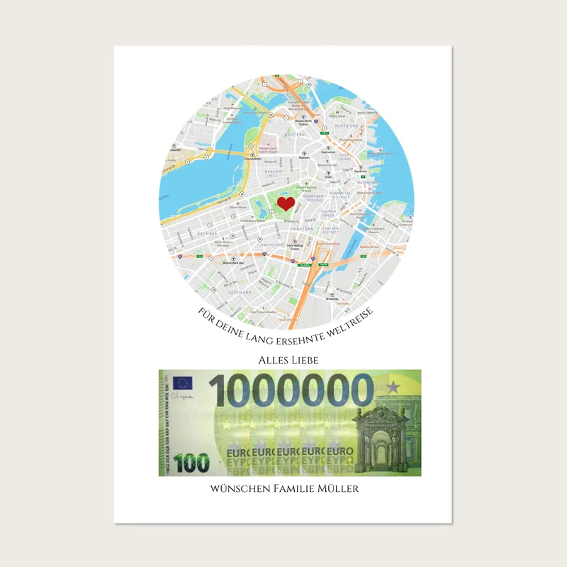 Geldgeschenk für Reise – Wunscherfüller Poster mit Namen & Reiseziel personalisiert