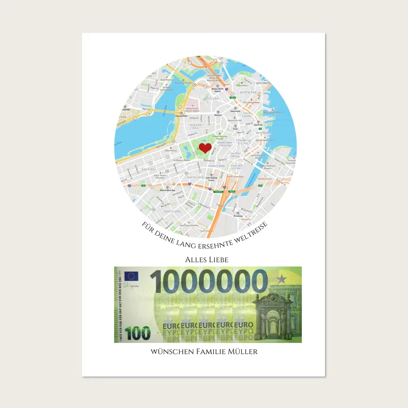 Geldgeschenk für Reise – Wunscherfüller Poster mit Namen & Reiseziel personalisiert