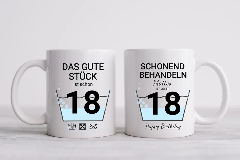 18. Geburtstag Geschenk personalisiert | Schonend Behandeln | Das gute Stück ist 18 Jahre | Tasse Geschenk Frau Mann Geburtstagsgeschenk