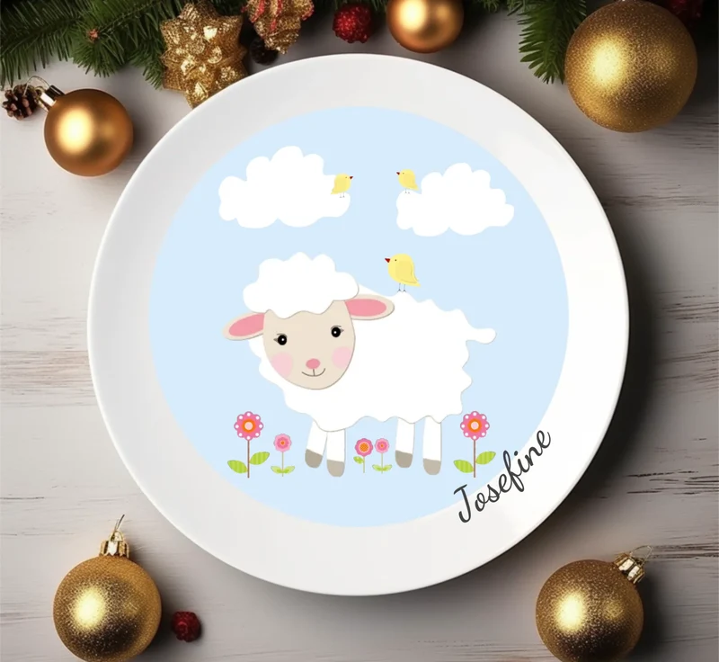 Kinderteller Schäfchen mit Namen personalisiert, Kindergeschirr Geschenk zur Taufe, Geburt, Geburtstag und Weihnachten