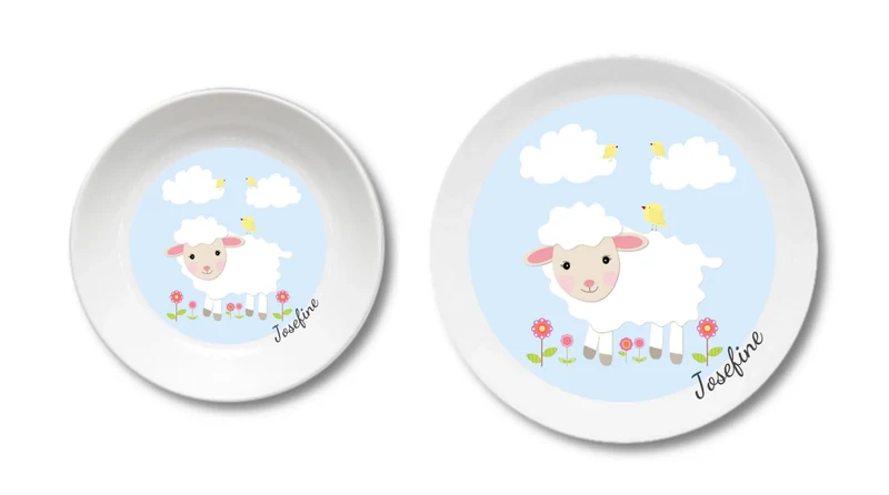 Kinderteller Schäfchen mit Namen personalisiert, Kindergeschirr Geschenk zur Taufe, Geburt, Geburtstag und Weihnachten