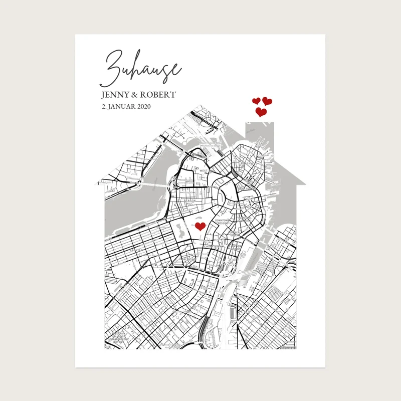 Personalisiertes Poster "Zuhause" Stadtplan & Koordinaten Geschenk mit Namen und Datum - digitale Datei