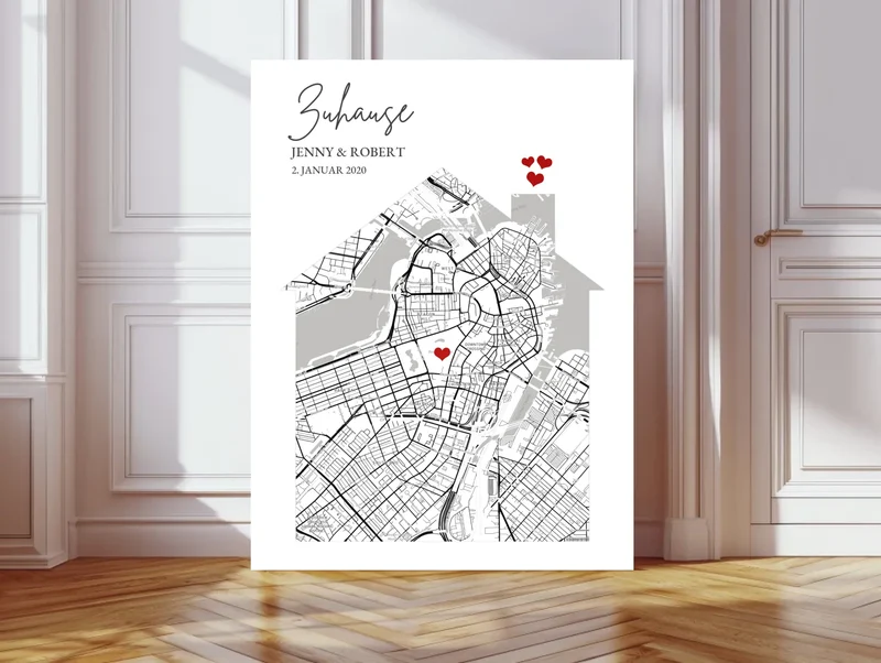 Personalisiertes Poster "Zuhause" Stadtplan & Koordinaten Geschenk mit Namen und Datum - digitale Datei