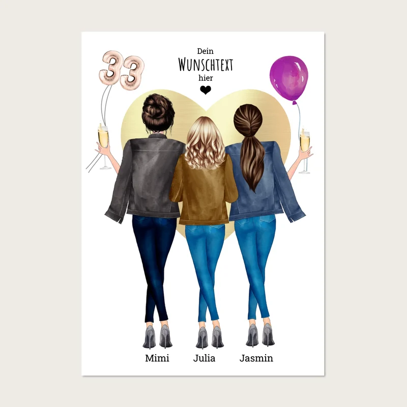 Personalisiertes "Beste Freunde Bild Geschenk" Geburtstagsgeschenk Poster mit 3 Freundinnen - digitale Datei