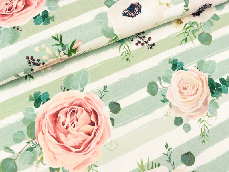 Reststück 25cm - Baumwolljersey Roses auf pastellgrün-creme gestreift
