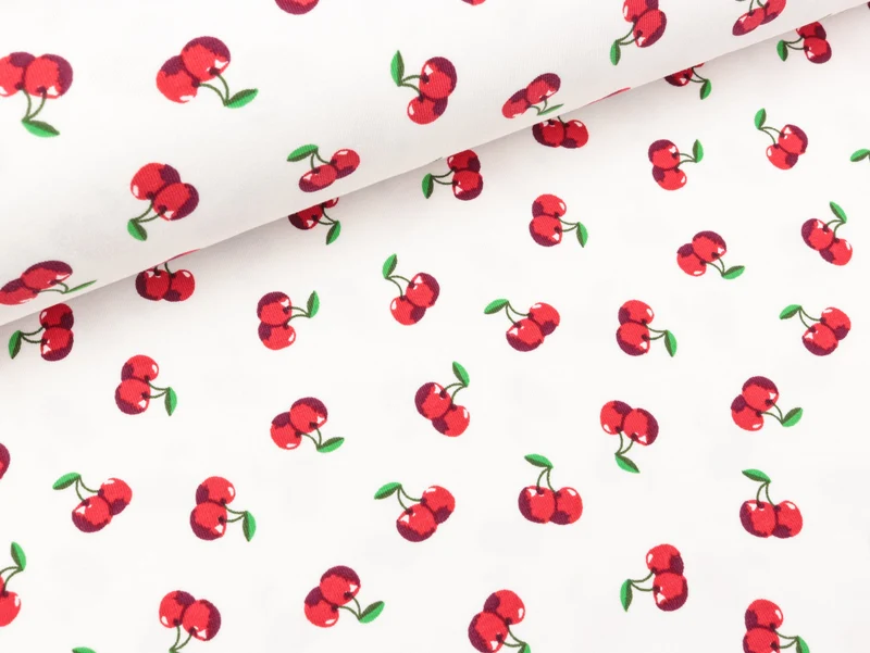 Reststück 13cm - Baumwolljersey Cherry Pop Kirschen rot auf Weiß