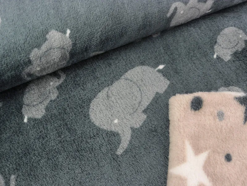 Reststück 49cm - Doubleface Kuschelfleece Elephant and Stars dunkelgrau-bunt
