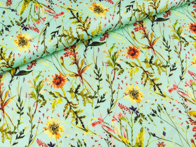 Reststück 98cm - Viskosestoff Frieda Zartes Blumenmuster auf Mint