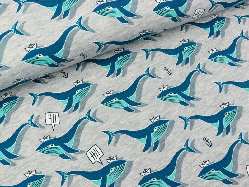 Reststück 85cm - Hamburger Liebe Baumwolljersey Kids Kollektion Sea Side Willy the Whale mittelgrau meliert