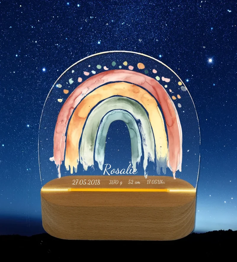 Personalisiertes Baby & Kinder LED Nachtlicht Regenbogen mit Namen & Geburtsdaten Geburtsgeschenk & Taufgeschenk