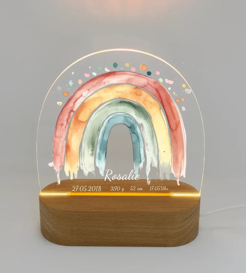 Personalisiertes Baby & Kinder LED Nachtlicht Regenbogen mit Namen & Geburtsdaten Geburtsgeschenk & Taufgeschenk