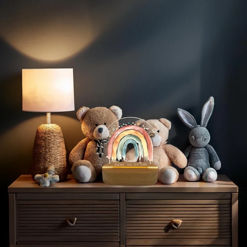 Personalisiertes Baby & Kinder LED Nachtlicht Regenbogen mit Namen & Geburtsdaten Geburtsgeschenk & Taufgeschenk