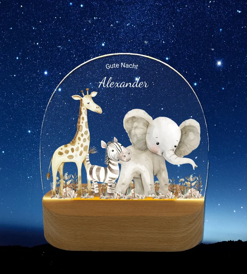 Personalisiertes "Gute Nacht" Baby & Kinder LED Nachtlicht Safari Tiere mit Namen / Text