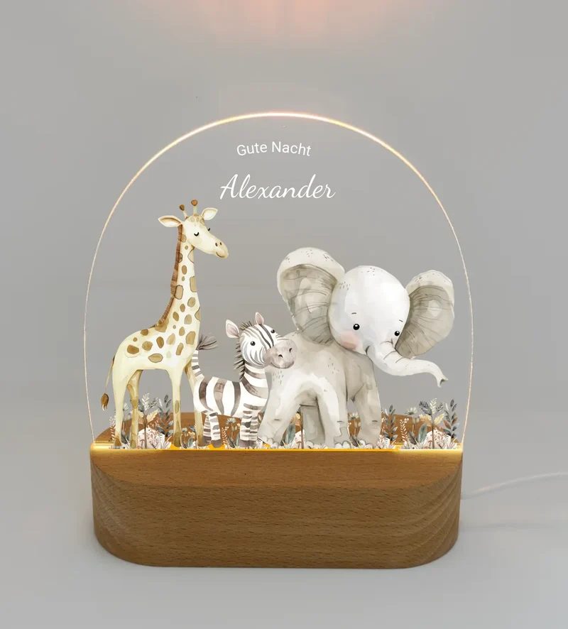 Personalisiertes "Gute Nacht" Baby & Kinder LED Nachtlicht Safari Tiere mit Namen / Text