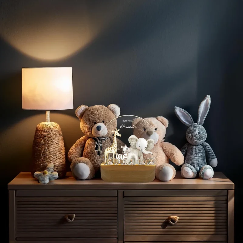 Personalisiertes "Gute Nacht" Baby & Kinder LED Nachtlicht Safari Tiere mit Namen / Text