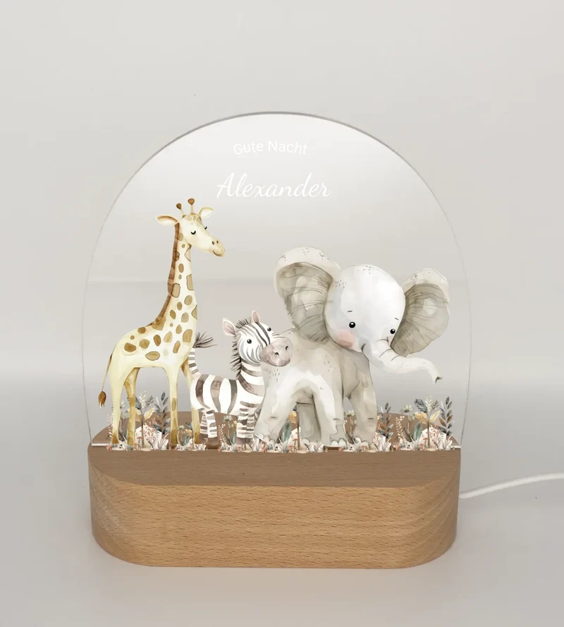 Personalisiertes "Gute Nacht" Baby & Kinder LED Nachtlicht Safari Tiere mit Namen / Text